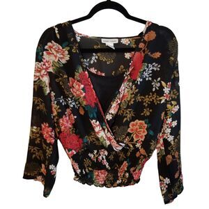 Michele Michelle Womens Sz M Black Floral Long Sleeve Semi Crop Blouse